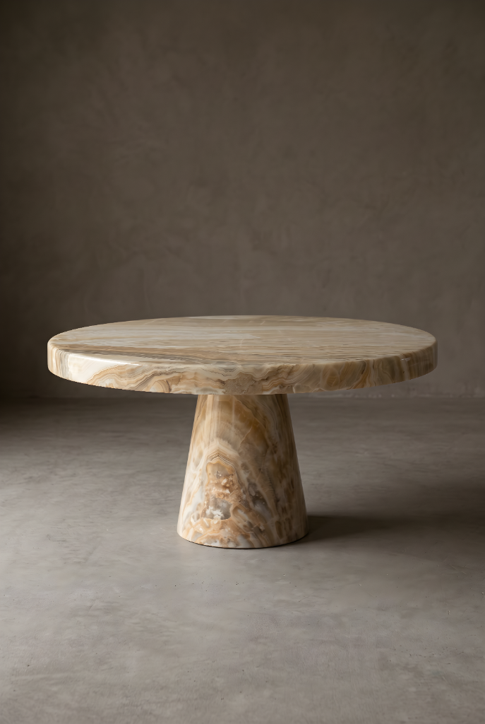 Low broad onyx pedestal coffee table on a conical foot