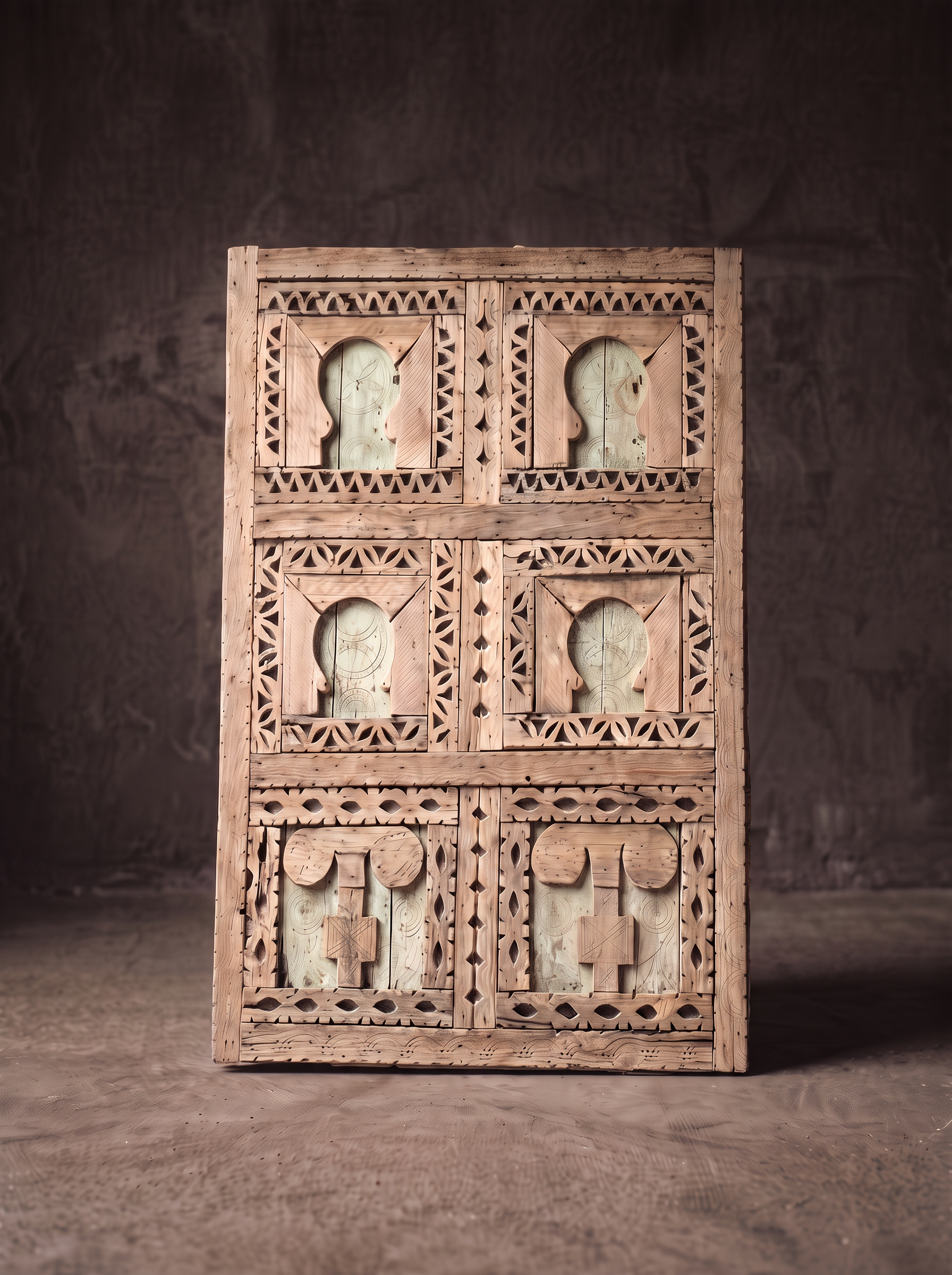 Cedar wood door carved with six arched niches and geometric relief