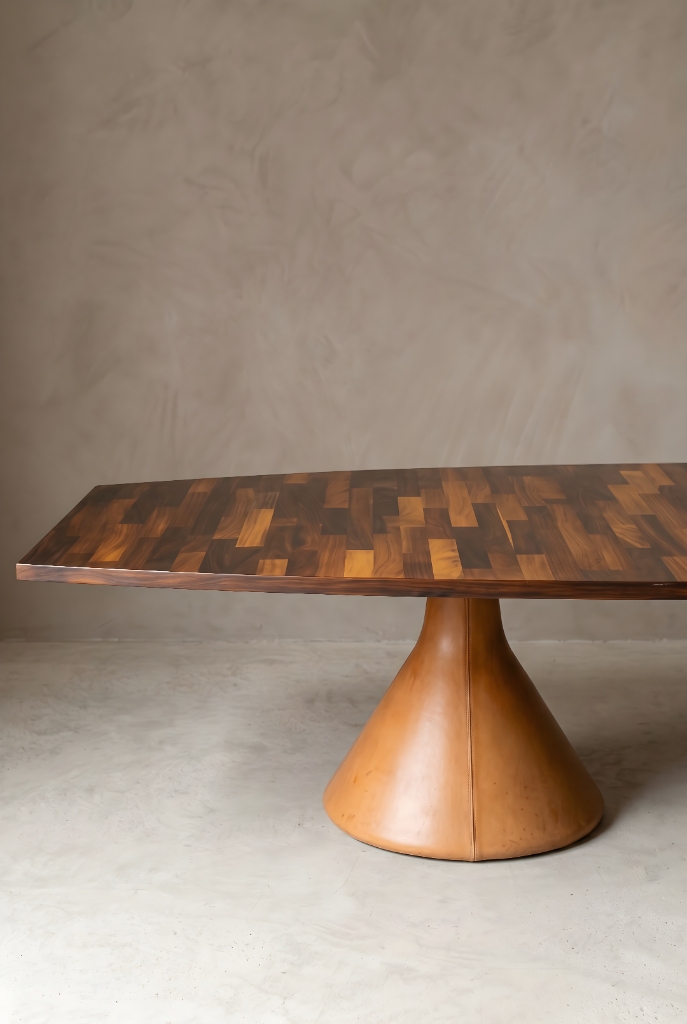Guanabara Table Large by Jorge Zalszupin, patchwork rosewood top, leather-wrapped conical bases