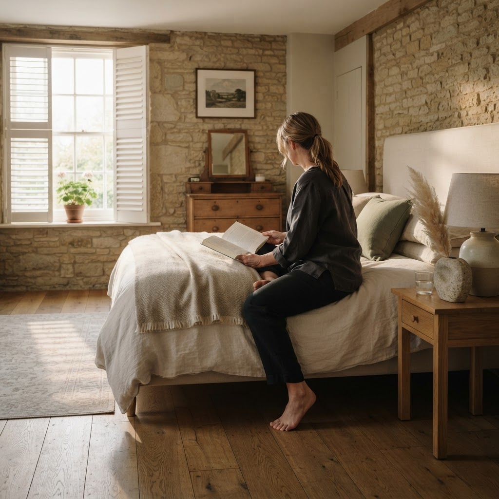 A woman relaxing with a book in a serene bedroom finished with white plantation shutters