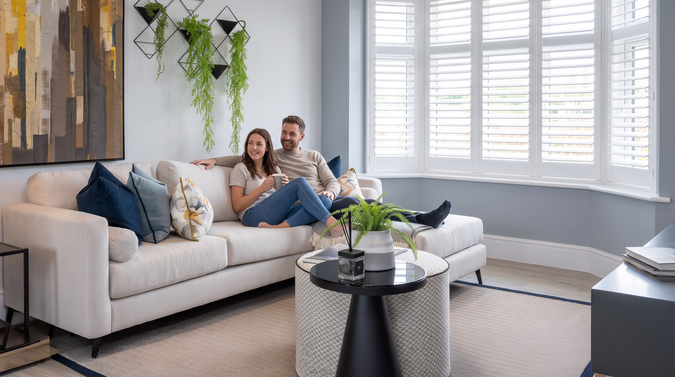 A couple relaxing on a sofa in a bright living room with white plantation shutters on a bay window in their Gloucestershire home