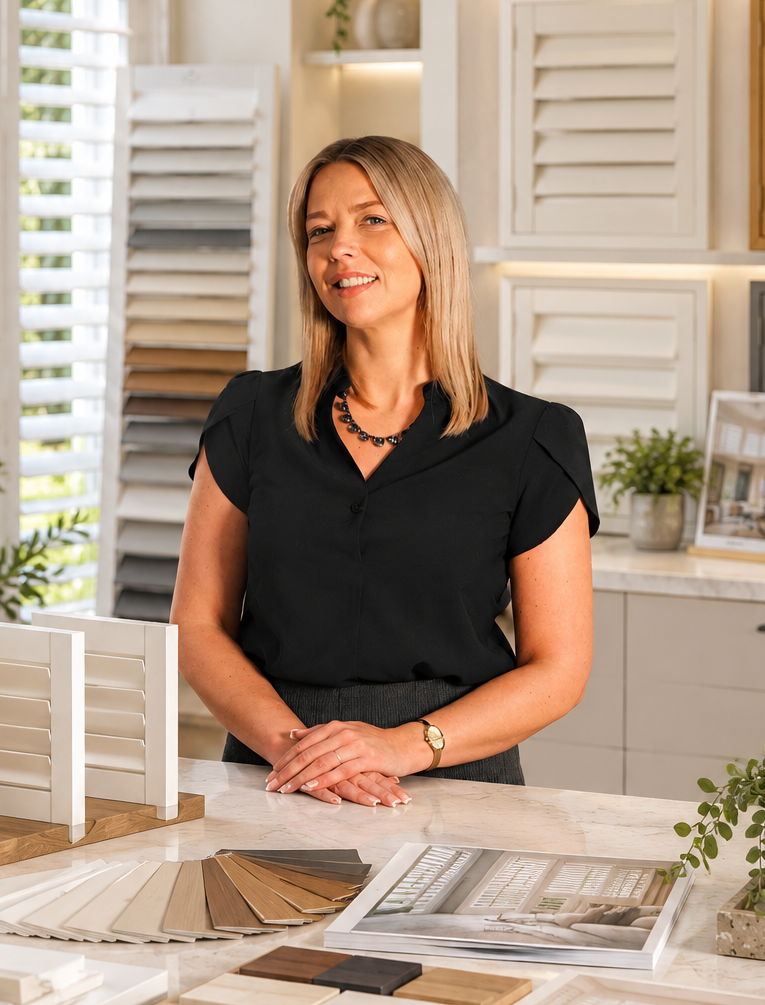 Kate, our shutter specialist, smiling in the Sheilas Shutters Gloucester showroom