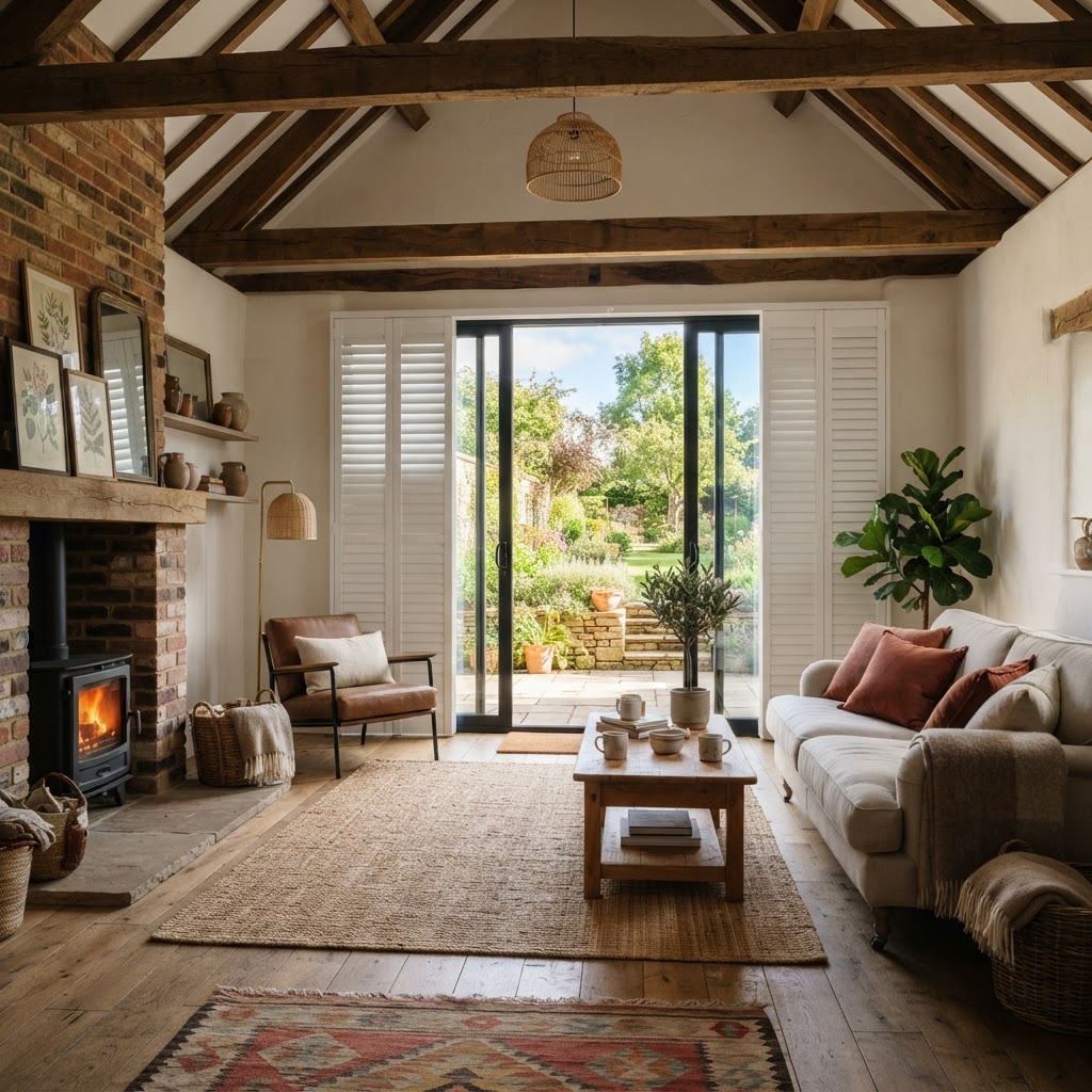 Tracked shutters for a barn conversion's patio doors — plantation shutters, Style example