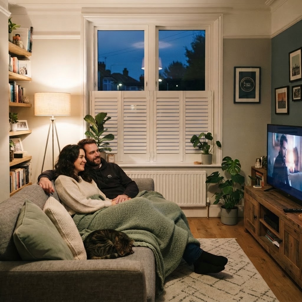 Couple watching TV in a cosy modern living room with plantation shutters closed for evening privacy
