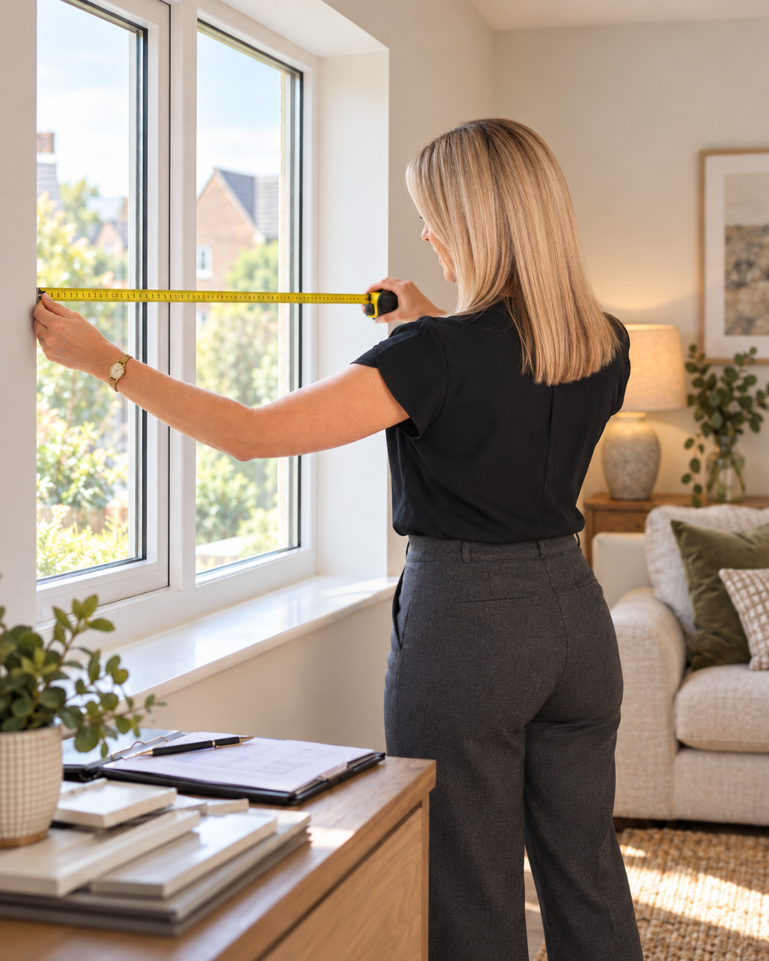 Kate measuring a window before fitting made-to-measure shutters