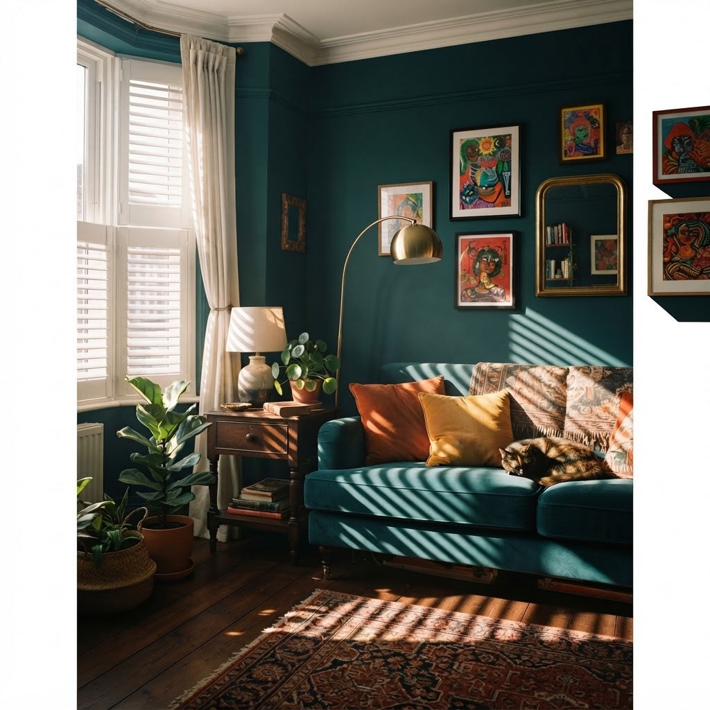 Bedroom with café style shutters letting in soft natural daylight