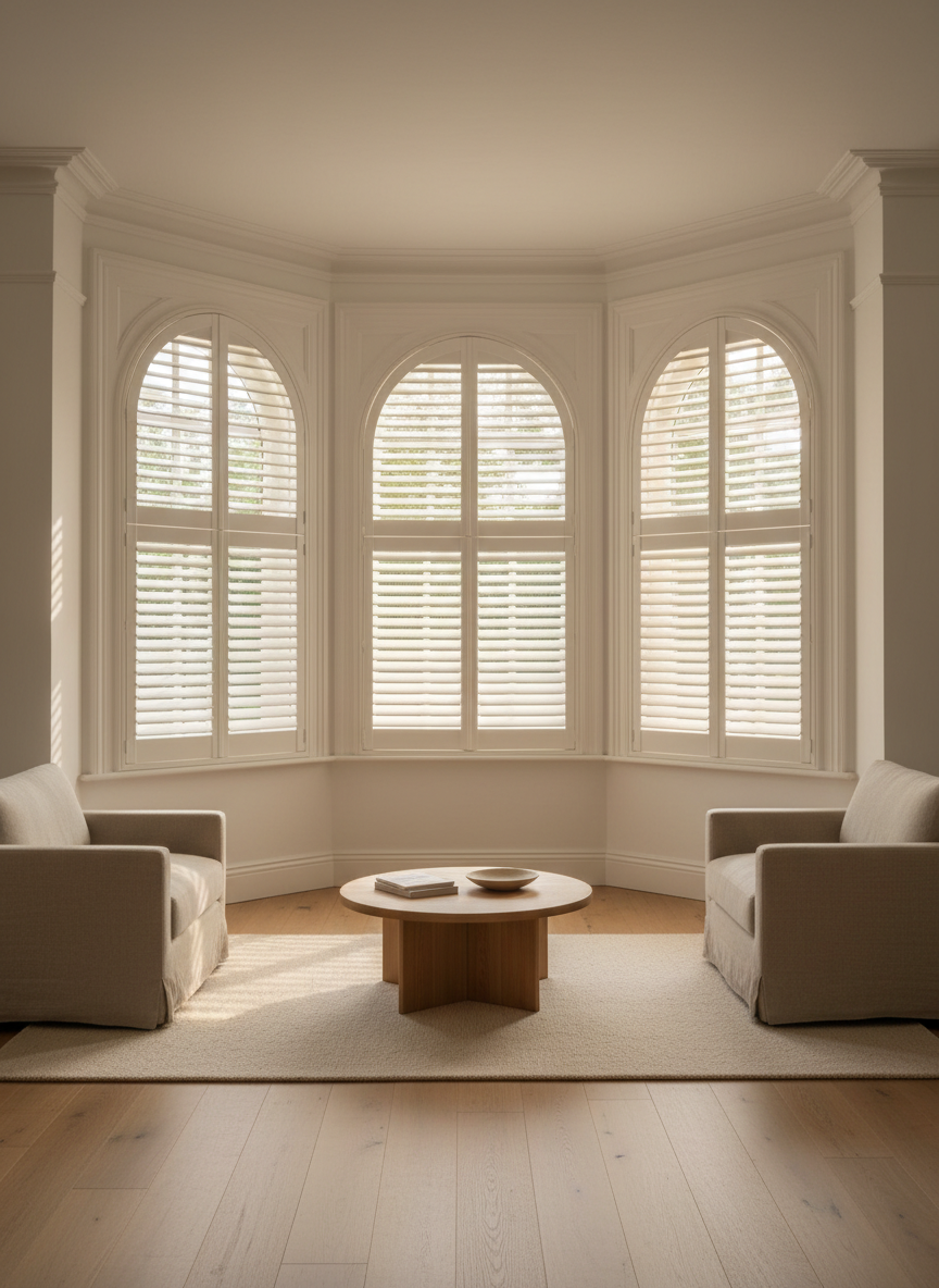 Kitchen dining space finished with made-to-measure window shutters