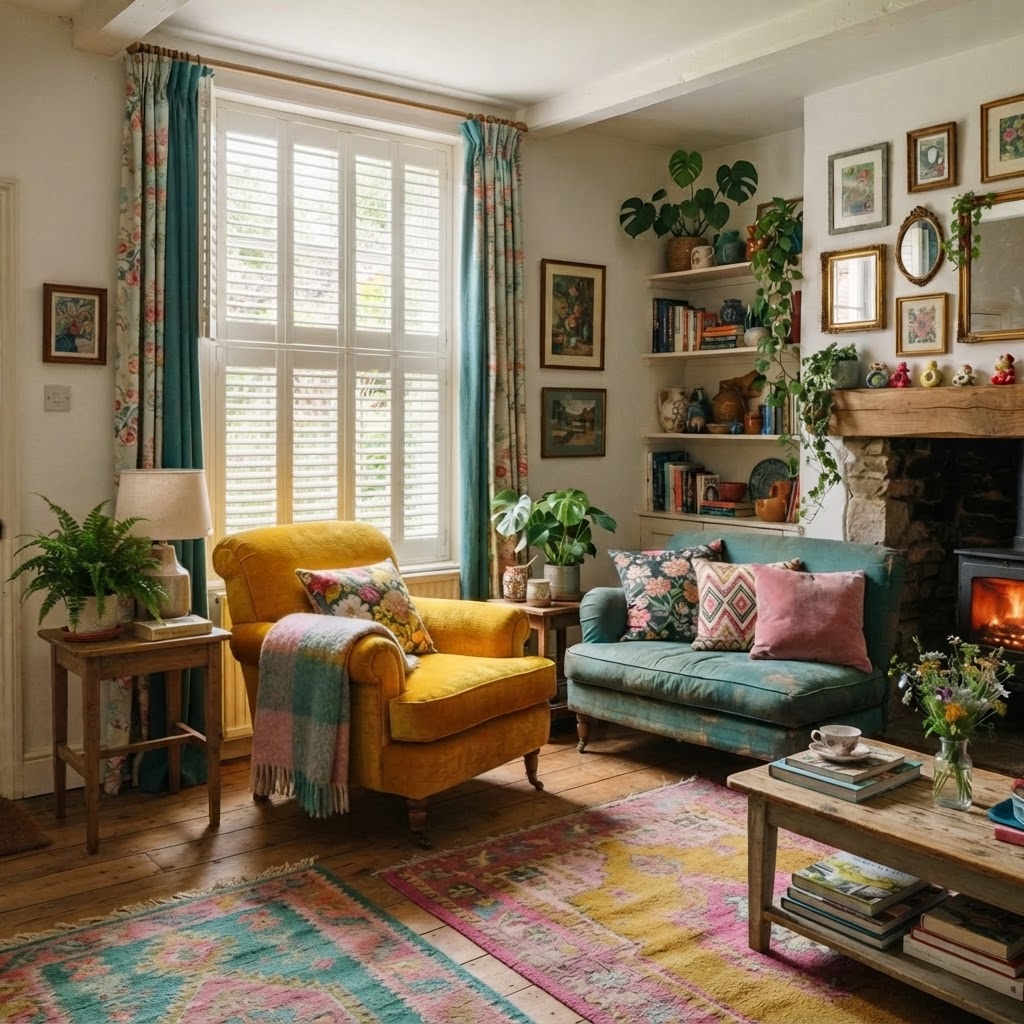 Tier-on-tier shutters for a colourful country cottage — plantation shutters, Style example