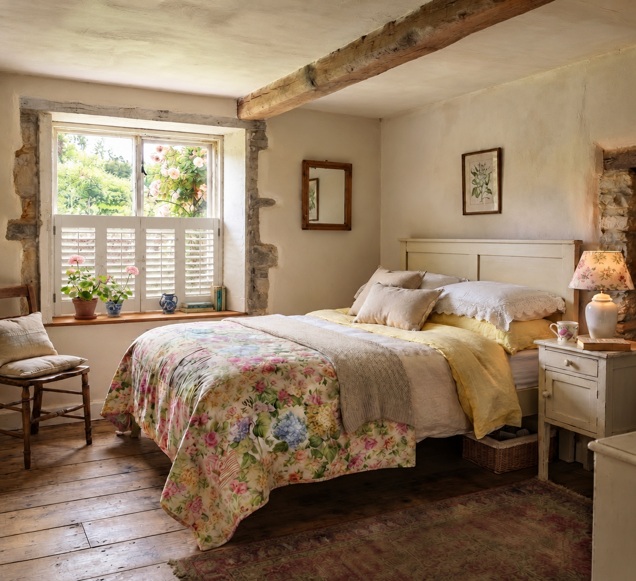 Café style shutters for a cottage bedroom — plantation shutters, Style example