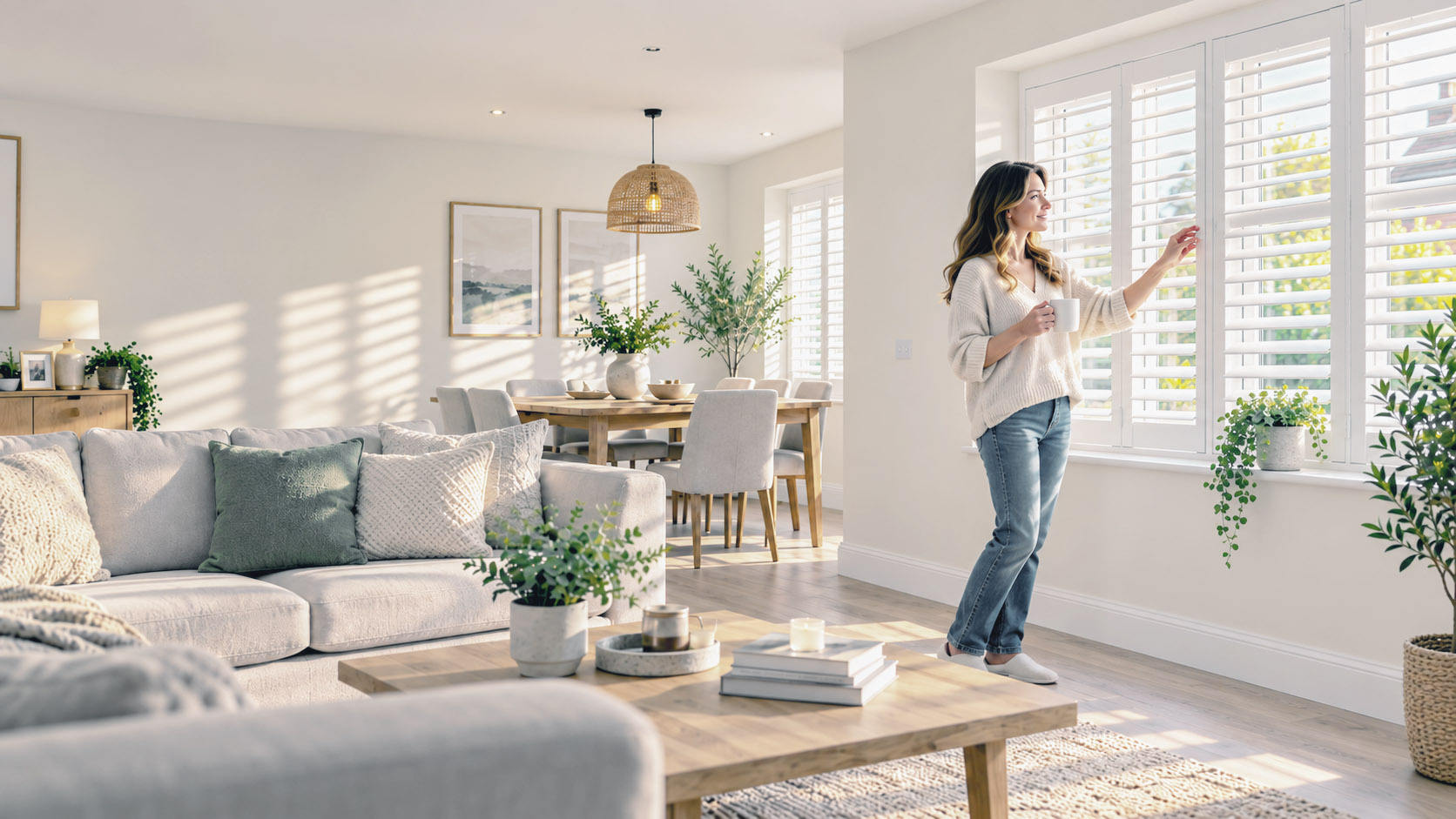 A woman opening white plantation shutters in a bright, welcoming living room in her Cheltenham home