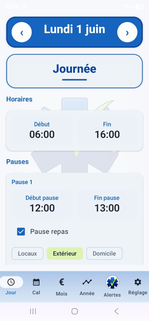 Capture d'écran de l'application AmbuVérif montrant la saisie d'une journée de travail