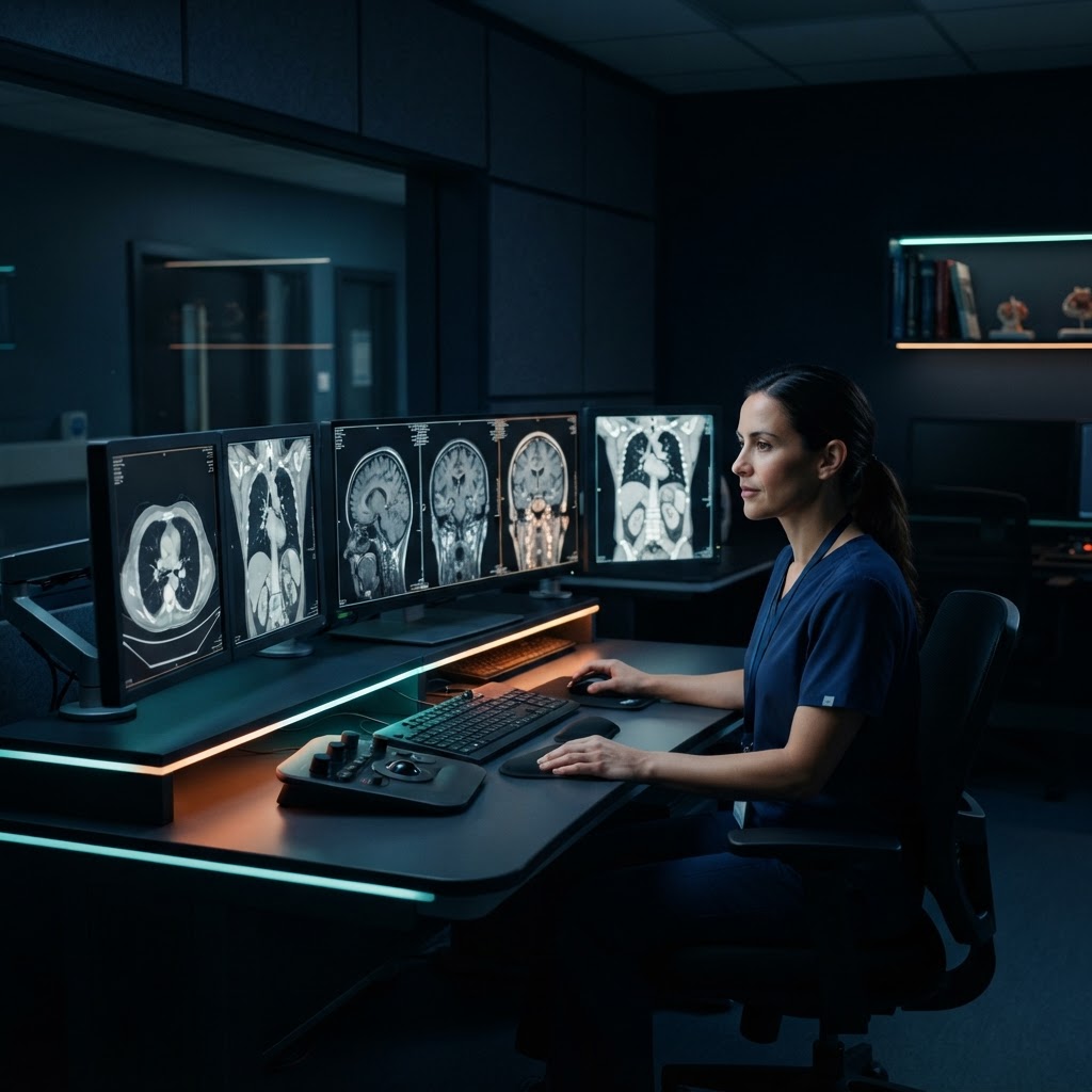 Radiology diagnostic workstation displaying brain MRI and CT scans