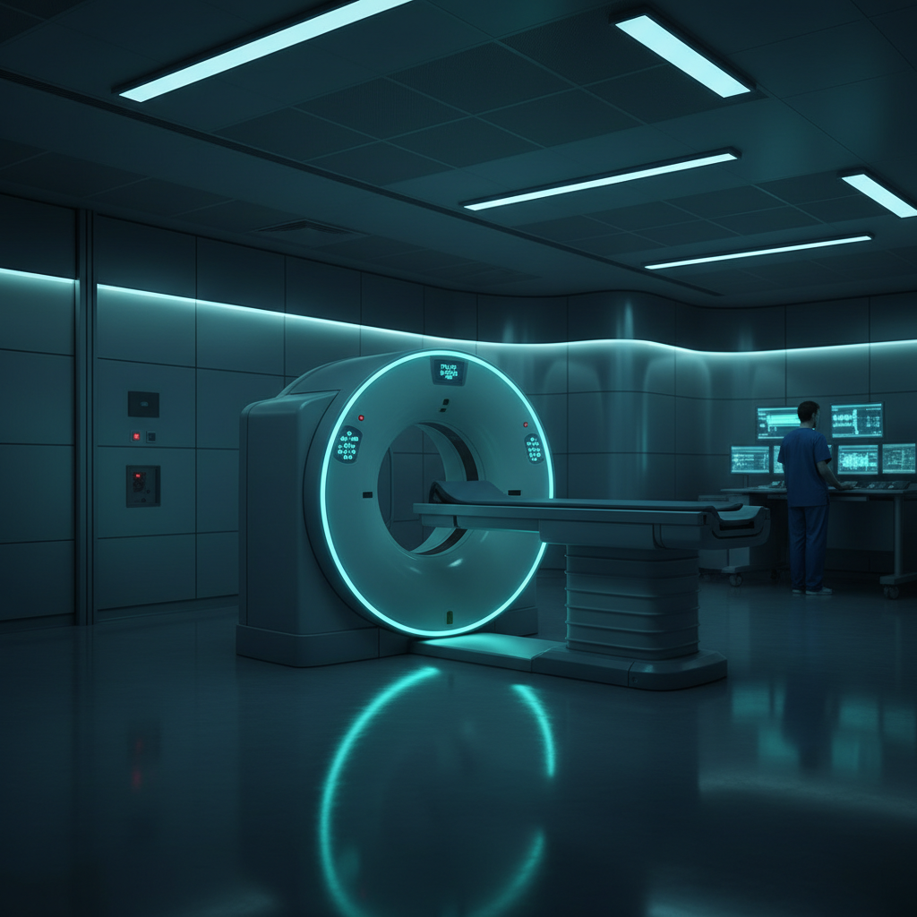 Sleek CT scanner suite with dark teal ambient lighting