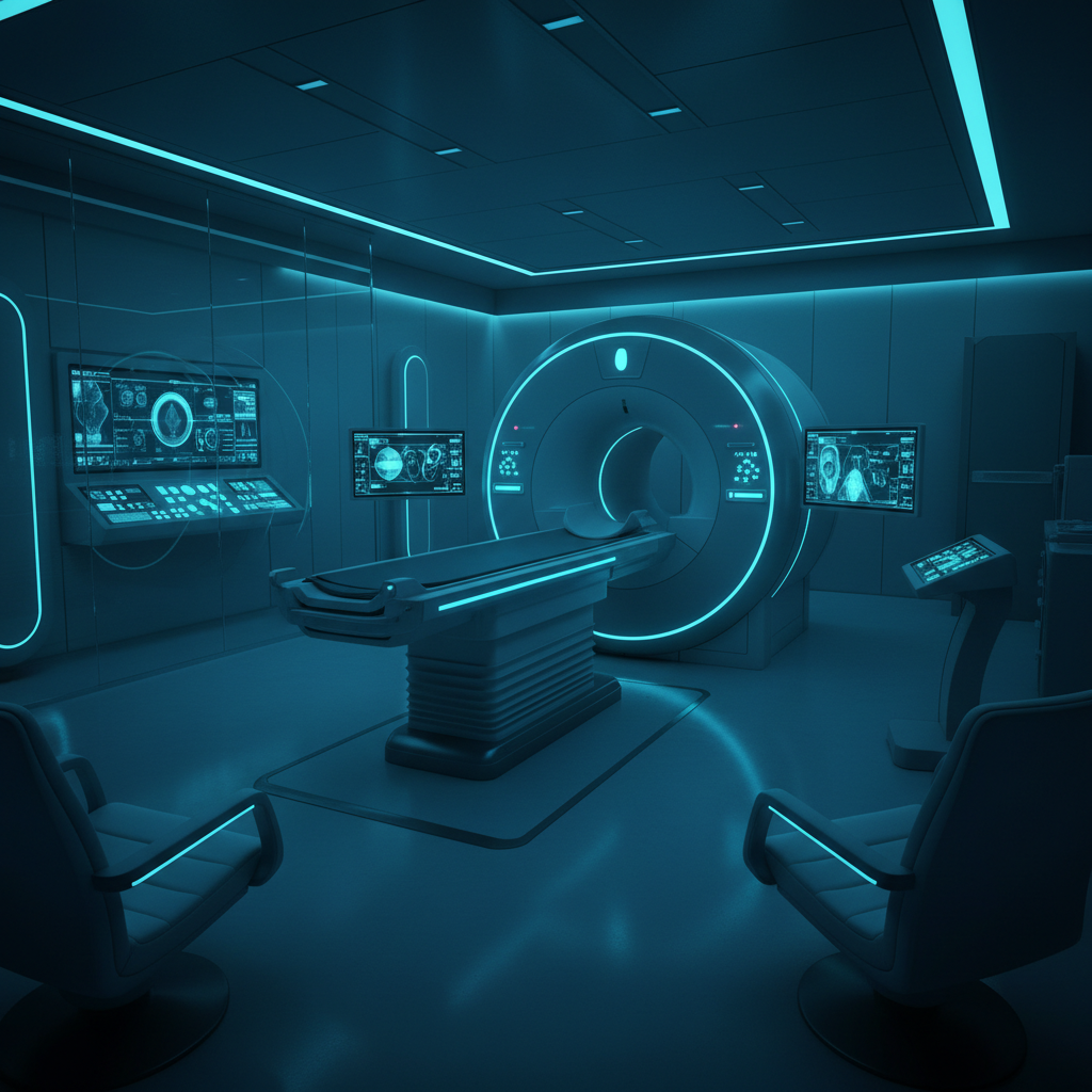 Modern MRI scanner suite with dark cinematic lighting