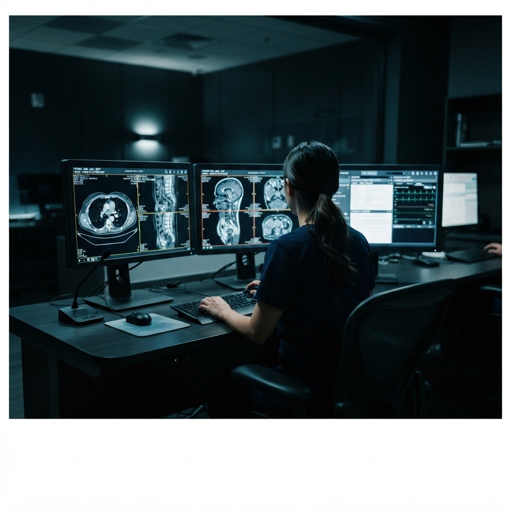 Radiologist working at a multi-monitor diagnostic workstation, viewed from behind