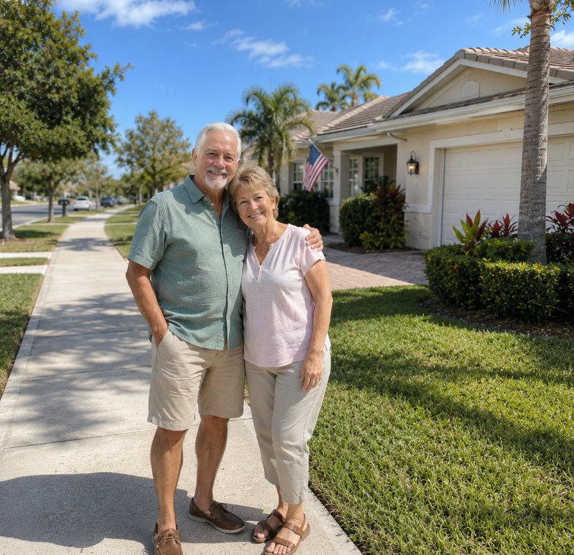 Happy Florida seniors in front of upgraded home