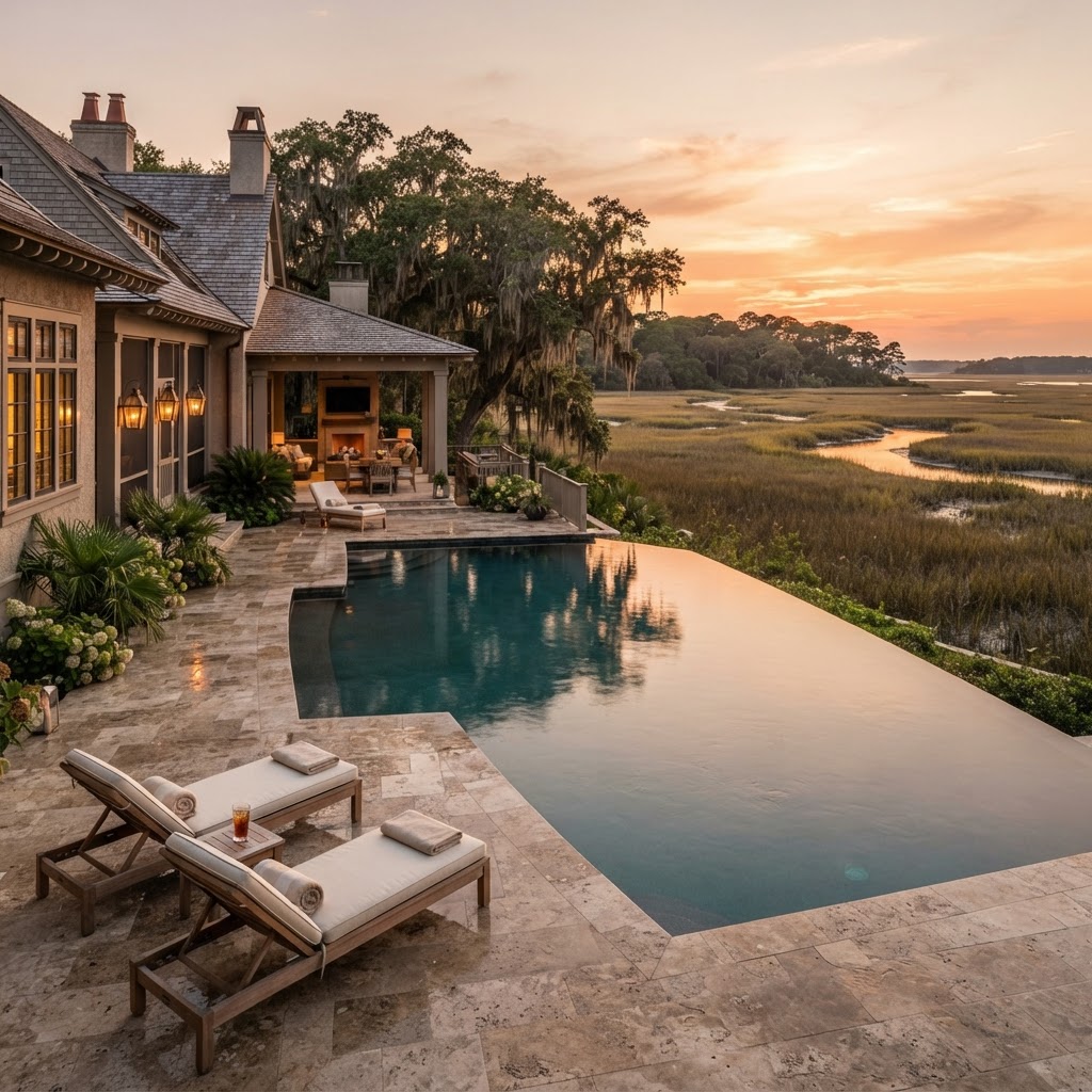 Infinity pool overlooking a Lowcountry salt marsh