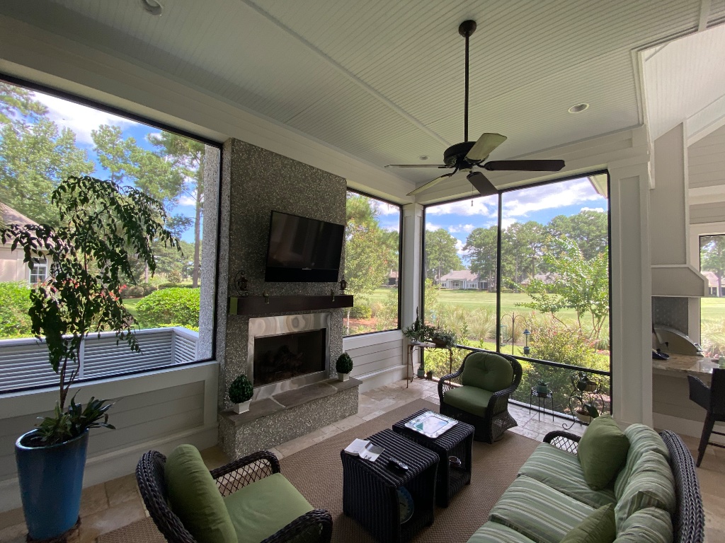 Porch with Stone Fireplace & TV