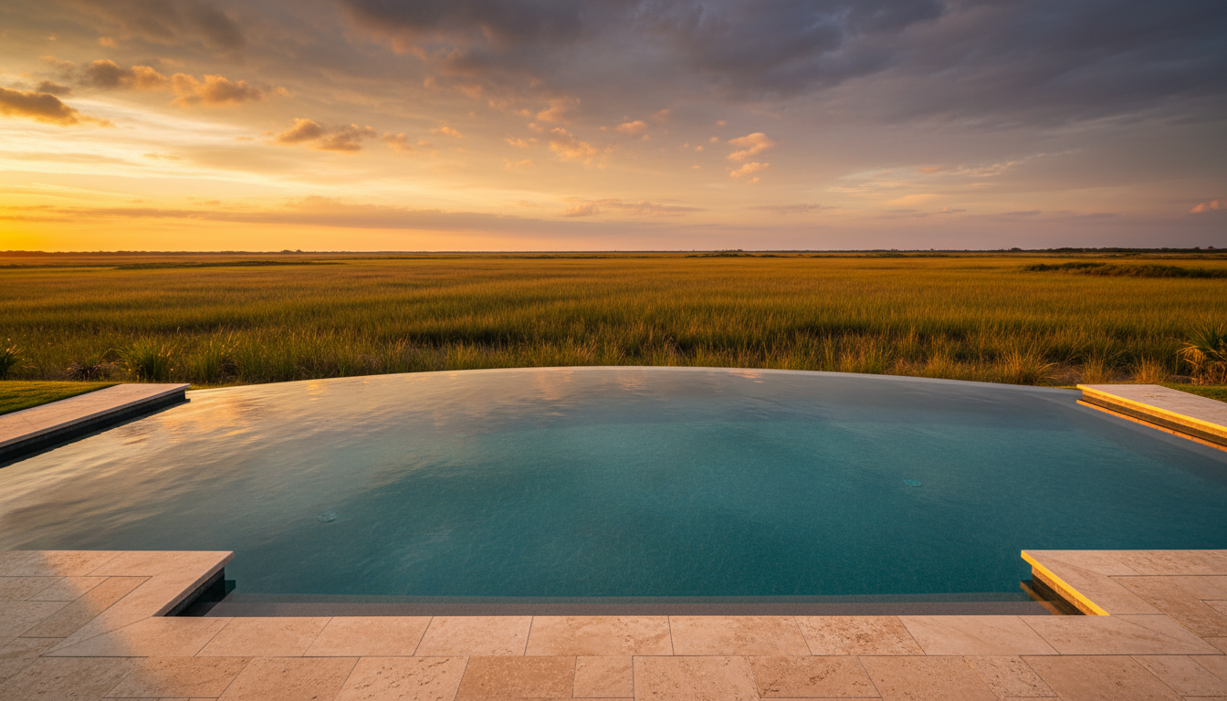 Luxury infinity pool overlooking Lowcountry salt marsh at golden hour