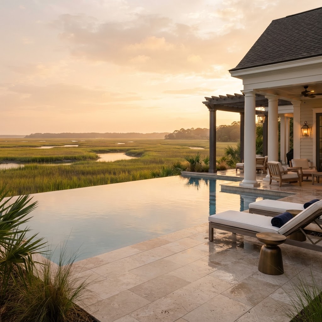 Lowcountry infinity pool concept with marsh view and pergola