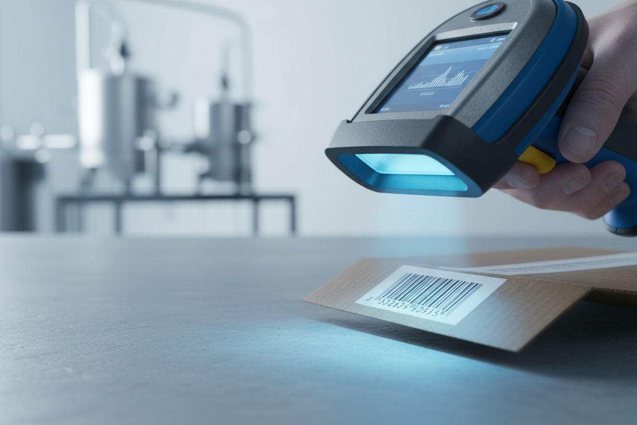 Industrial barcode scanner identifying products
