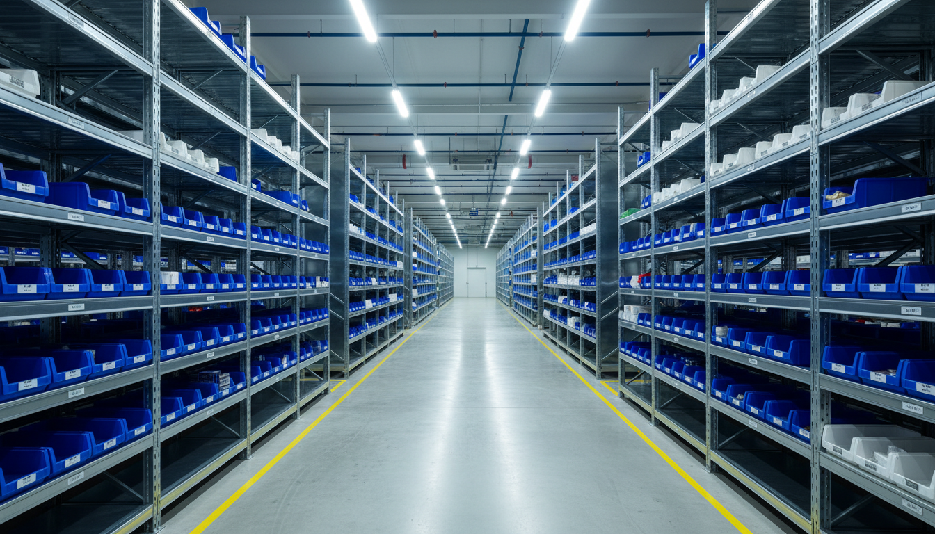 Modern organized warehouse with high shelving and neat aisles