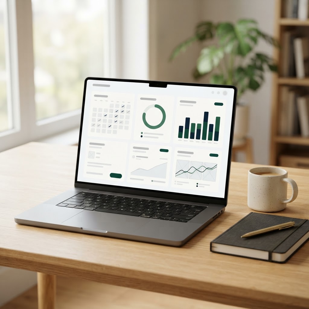 A modern laptop on a bright wooden desk showing a minimalist, text-free financial checklist and calendar interface