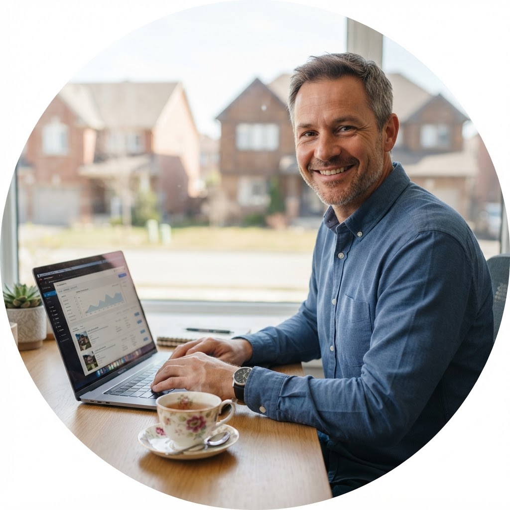 Middle-aged man smiling while typing on a laptop, with a tea cup and homes in the background