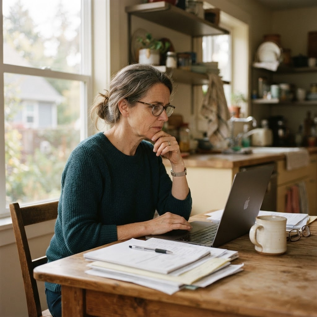 A landlord at their kitchen table working through paperwork with a laptop
