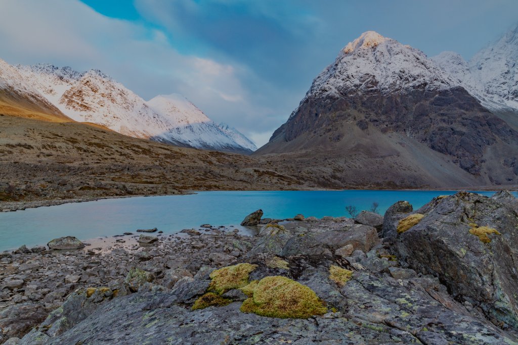 Bergsee mit schneebedeckten Gipfeln