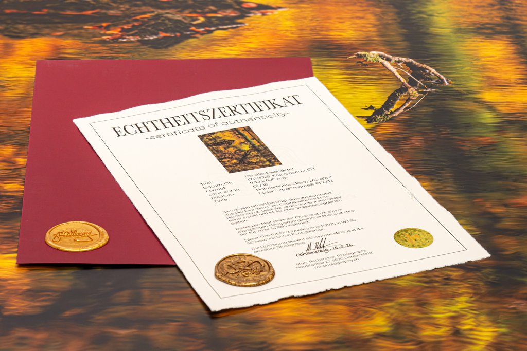 Echtheitszertifikat von Hahnemühle mit goldener Siegel und Hologramm