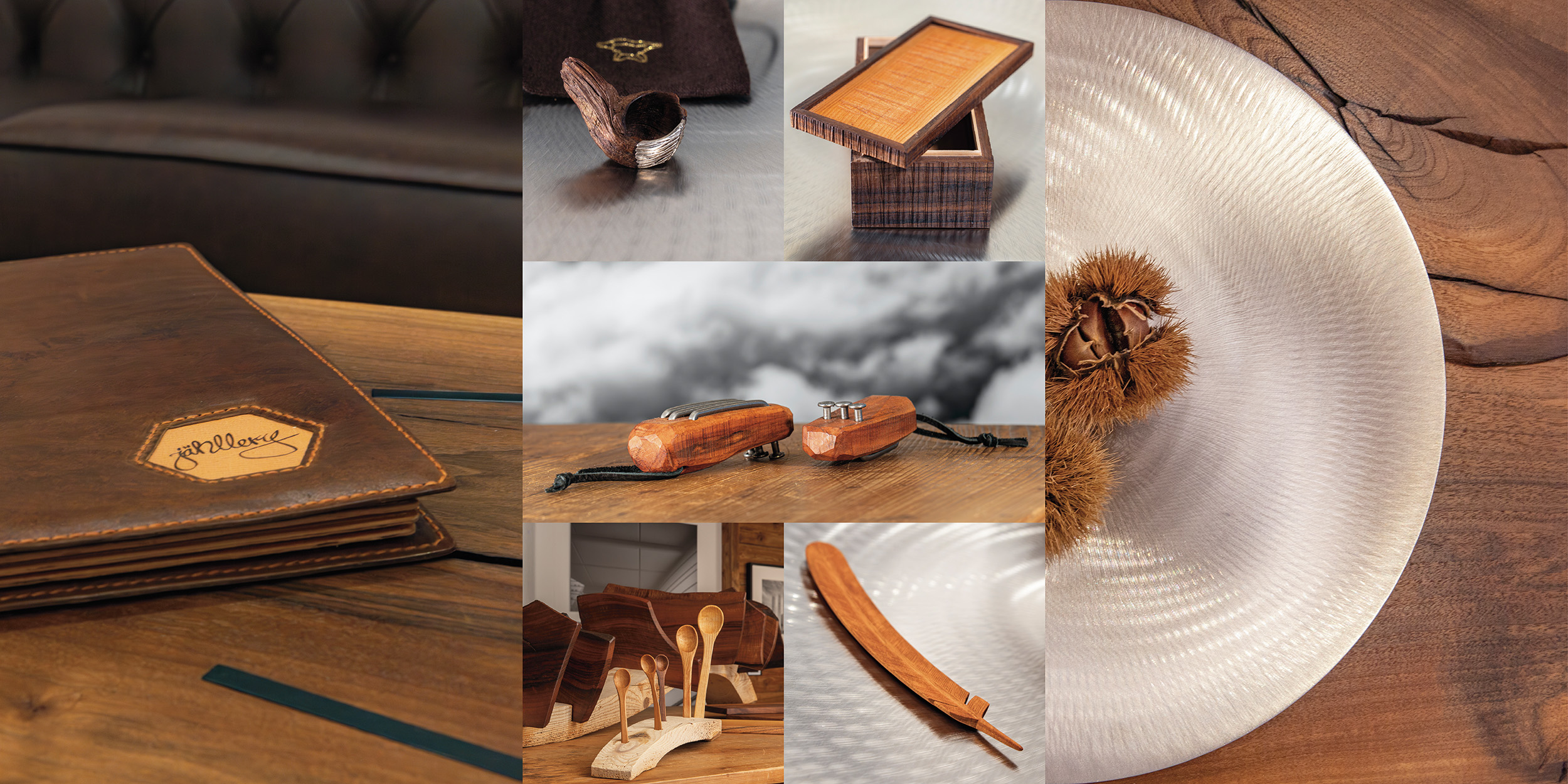 Collage handgefertigter Objähkte aus Holz, Leder und Metall