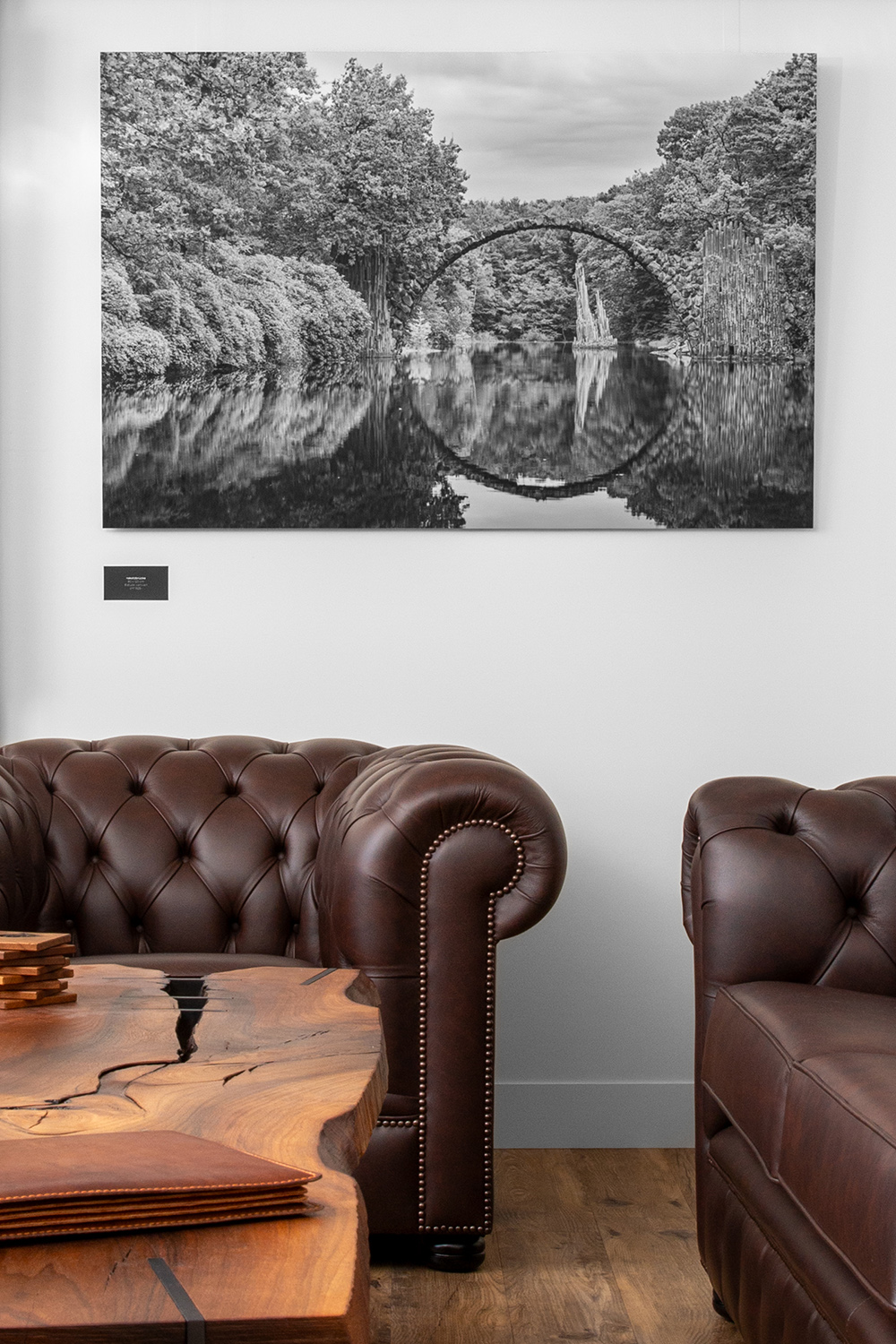 Hochformat-Fotografie an Galerie-Wand mit Ledersofa