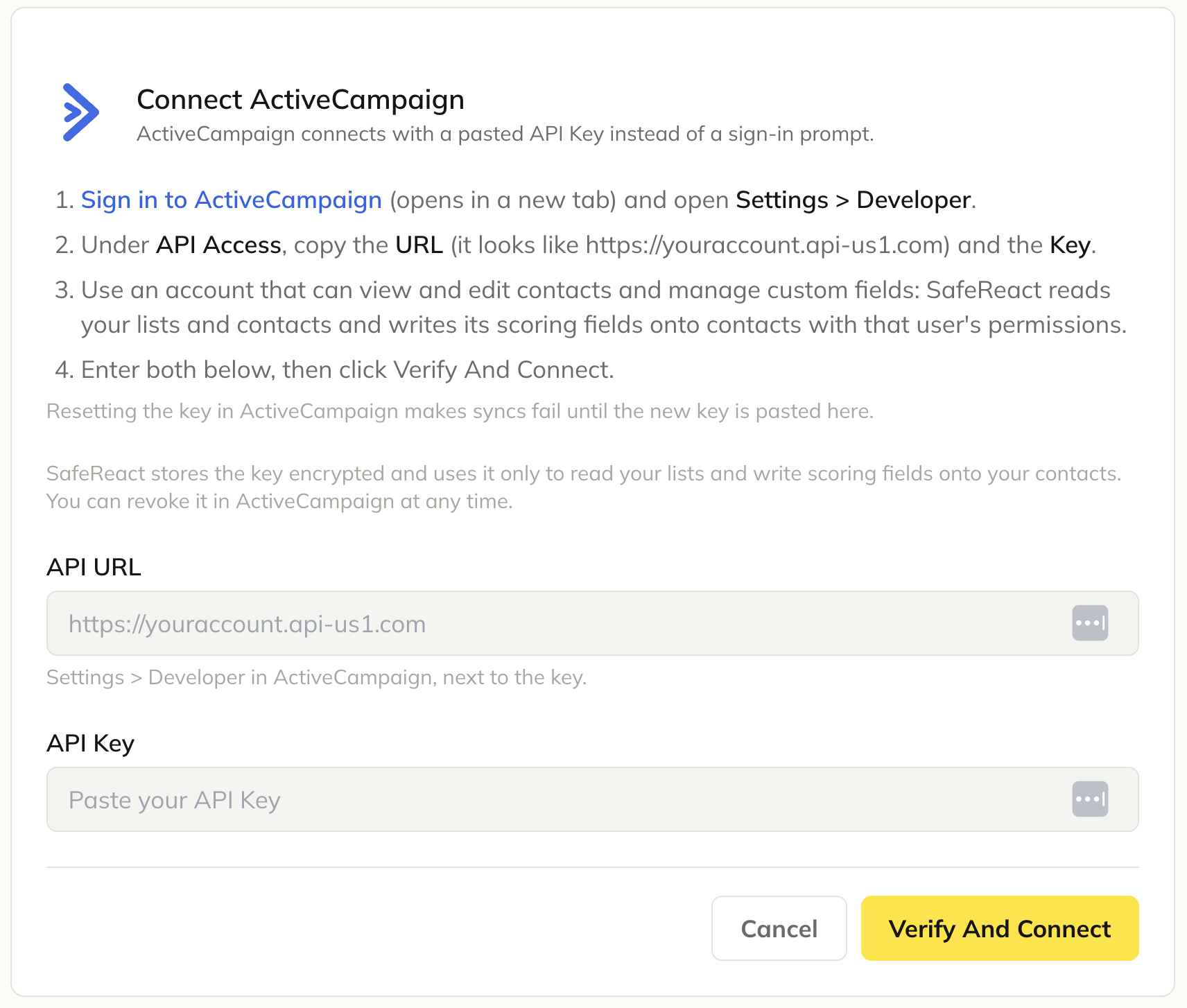 ActiveCampaign connection form showing API URL and API Key fields with a Verify And Connect button.