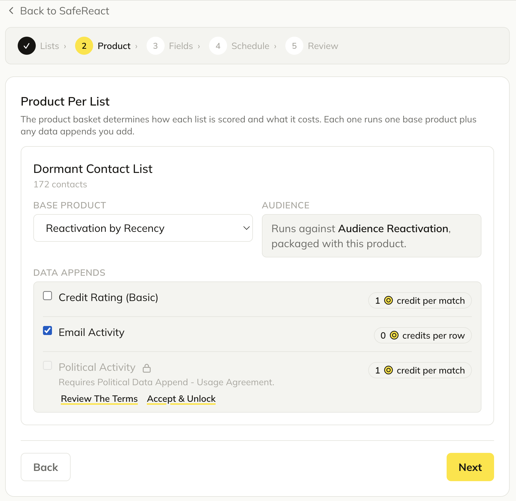 Product selection step showing Audience Reactivation option.