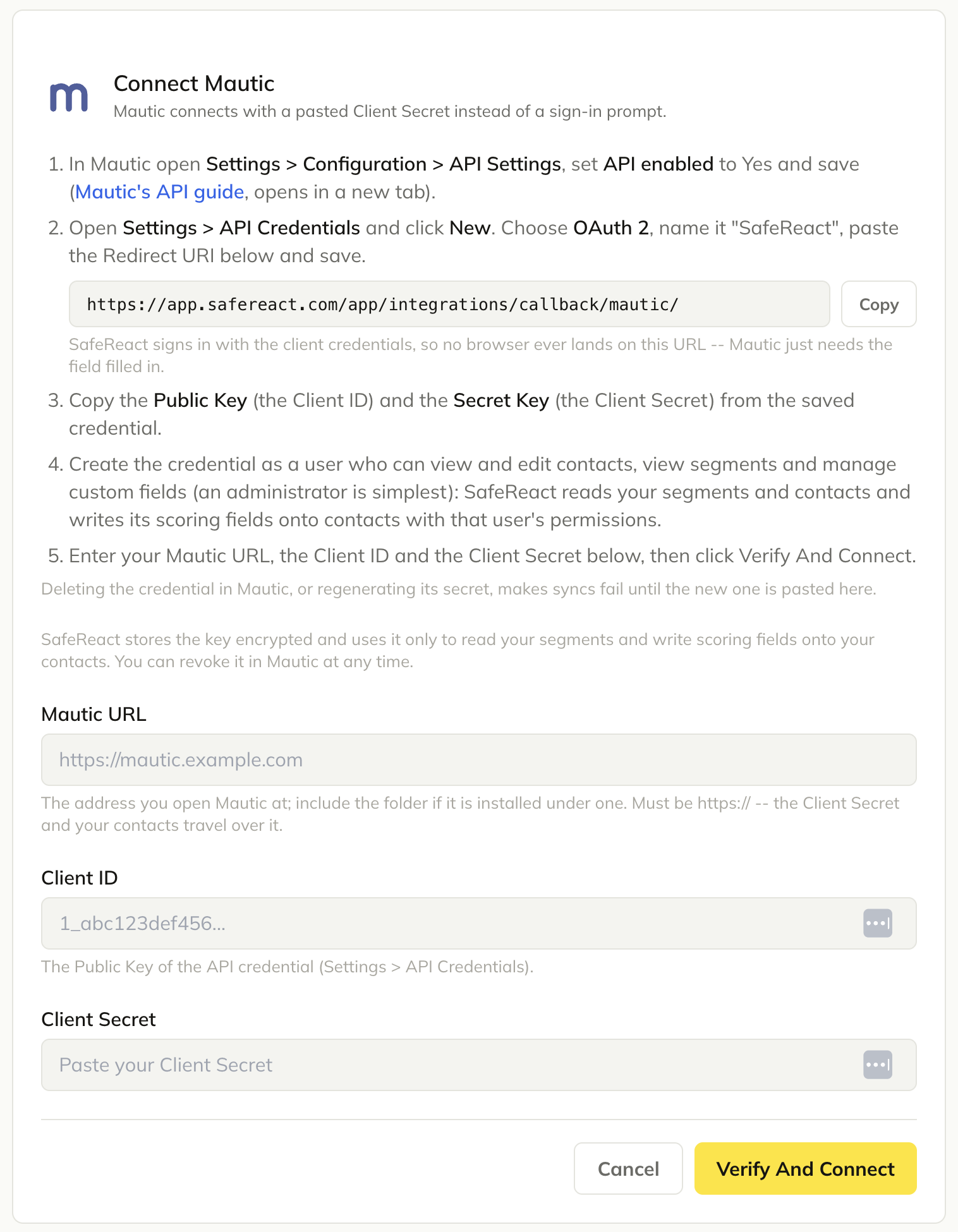 Mautic connection form showing Mautic URL, Client ID, and Client Secret fields with a Verify And Connect button.