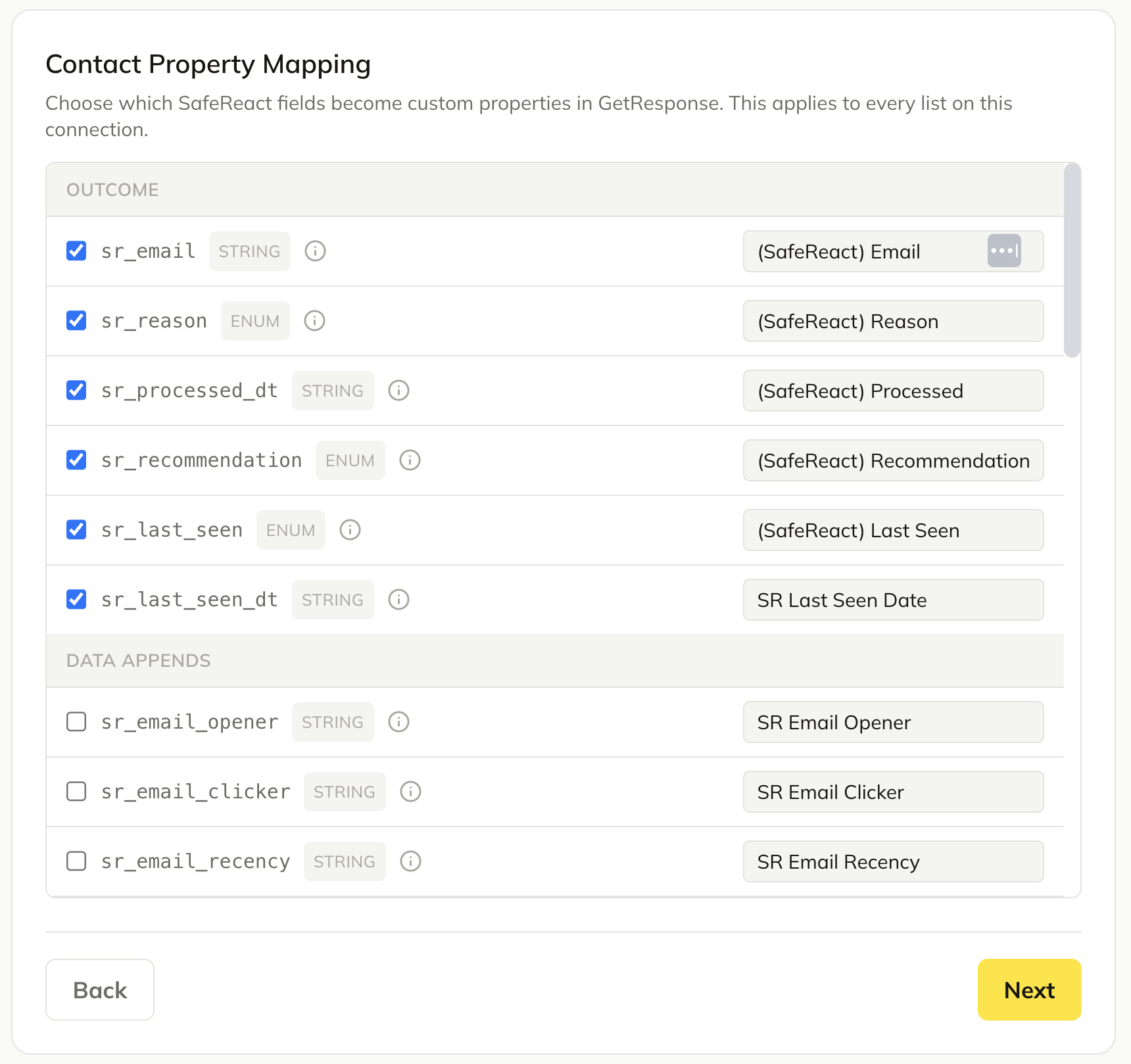 Contact property mapping table showing SafeReact fields mapped to custom properties.