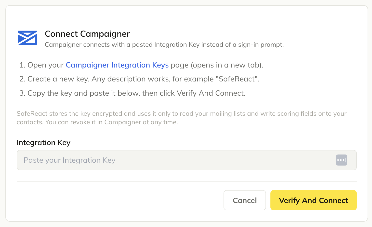 Campaigner connection dialog showing the Integration Key input field and Verify And Connect button.