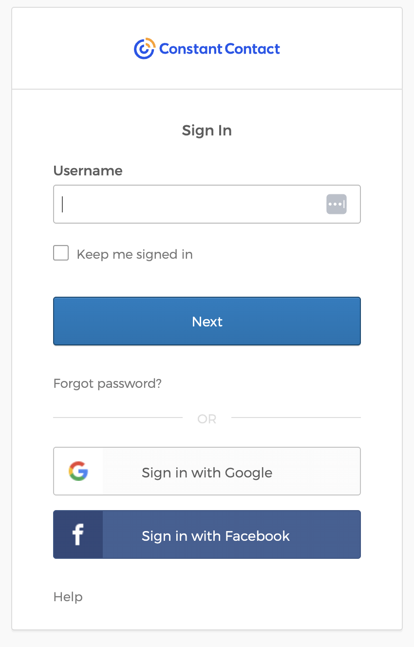Constant Contact sign-in screen showing the Constant Contact logo, username field, and Next button.