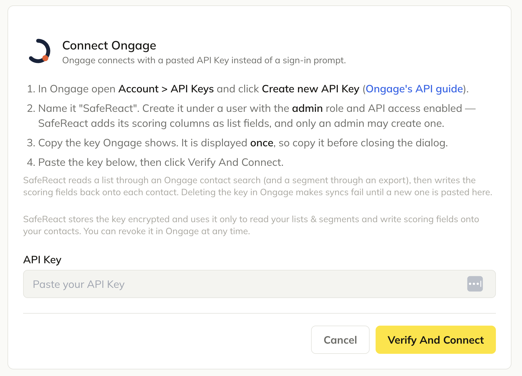 Ongage connection form showing the API Key field with a Verify And Connect button.