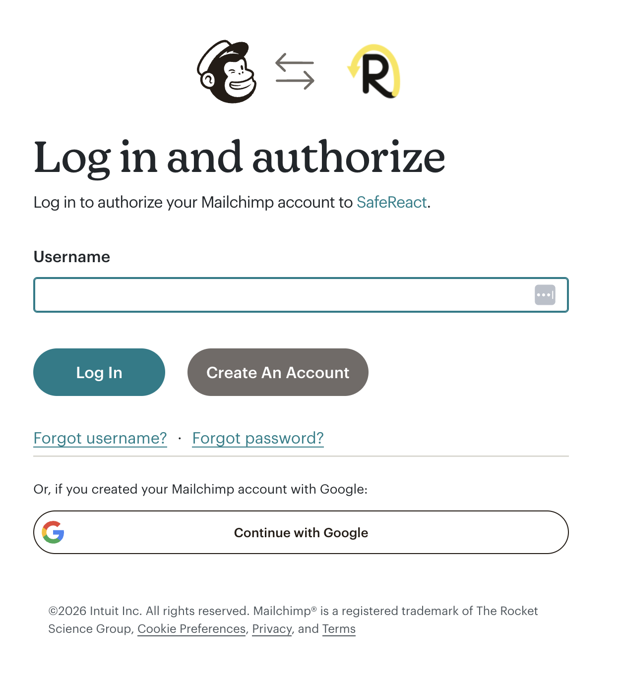 Klaviyo authorization screen showing the SafeReact and Klaviyo logos with a Log In button.
