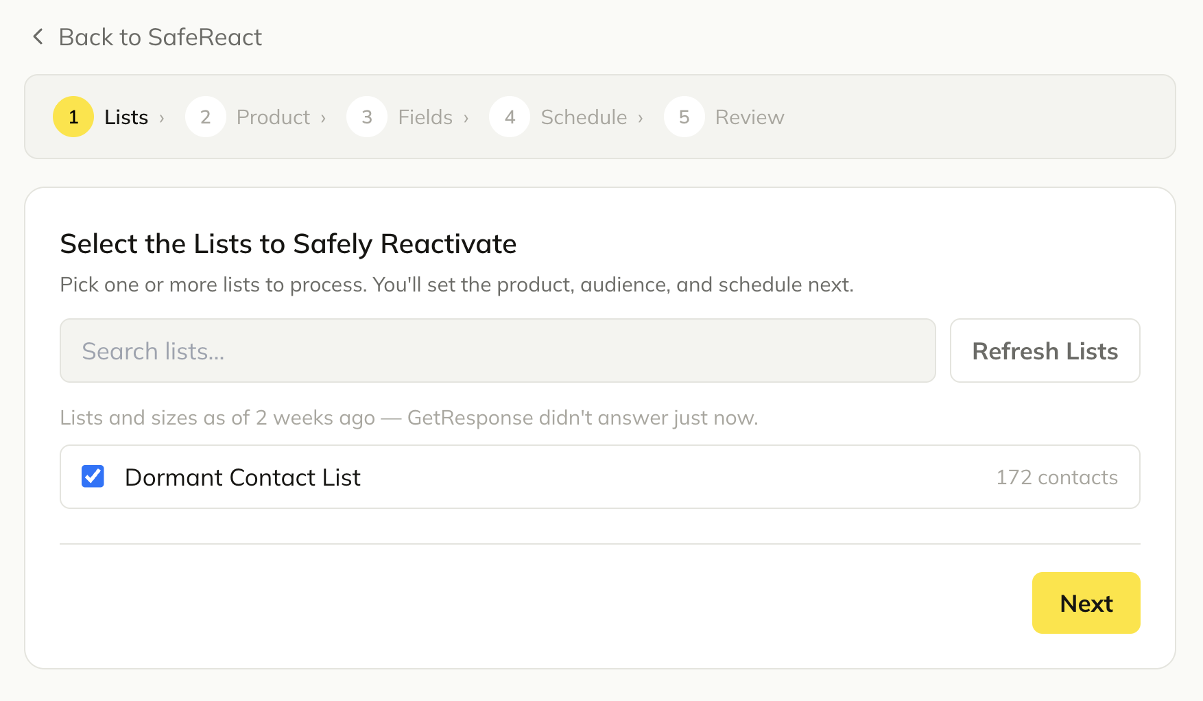 Integration step showing list selection with searchable list of dormant contact lists.