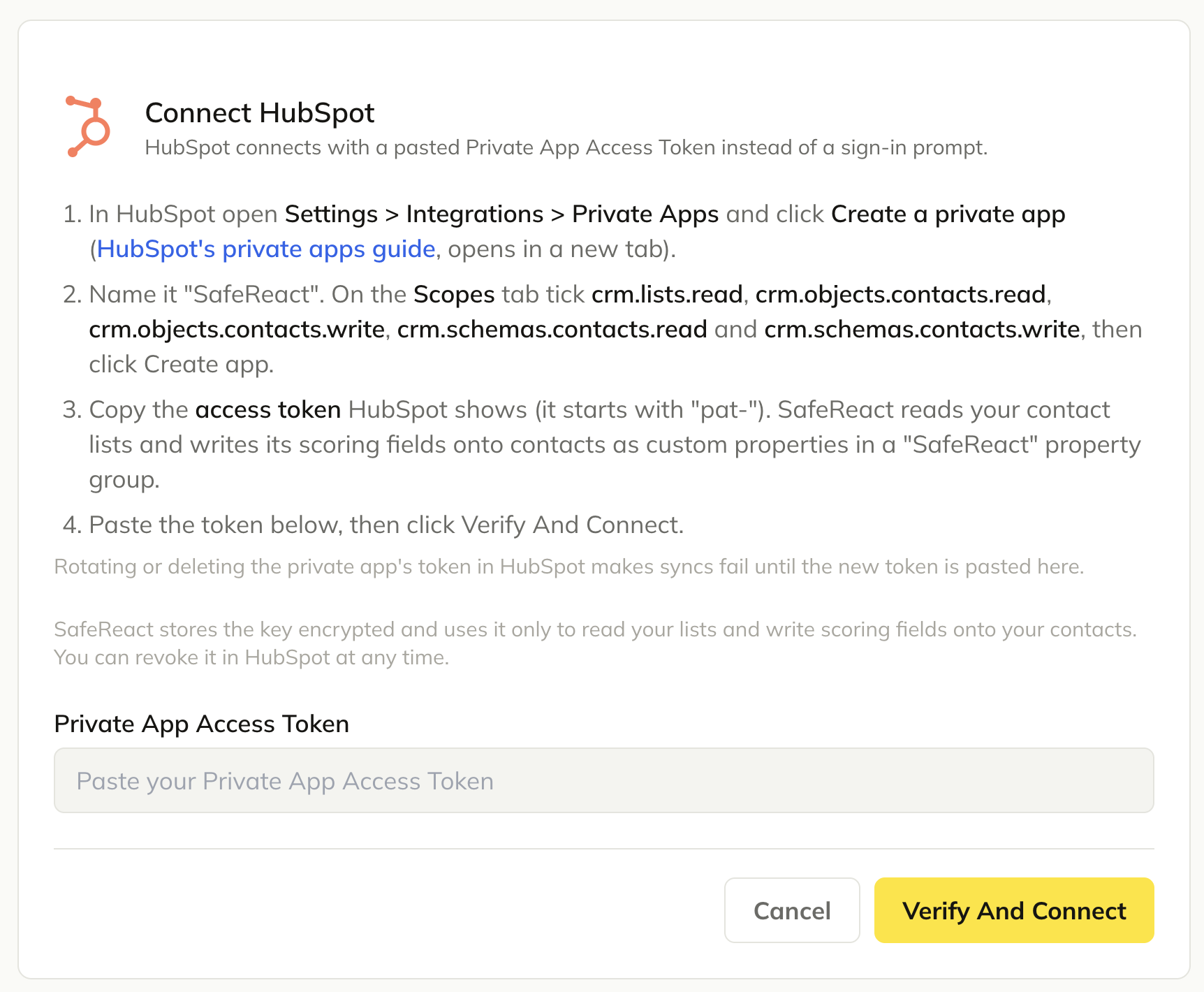 HubSpot connection form showing the Private App Access Token field with a Verify And Connect button.