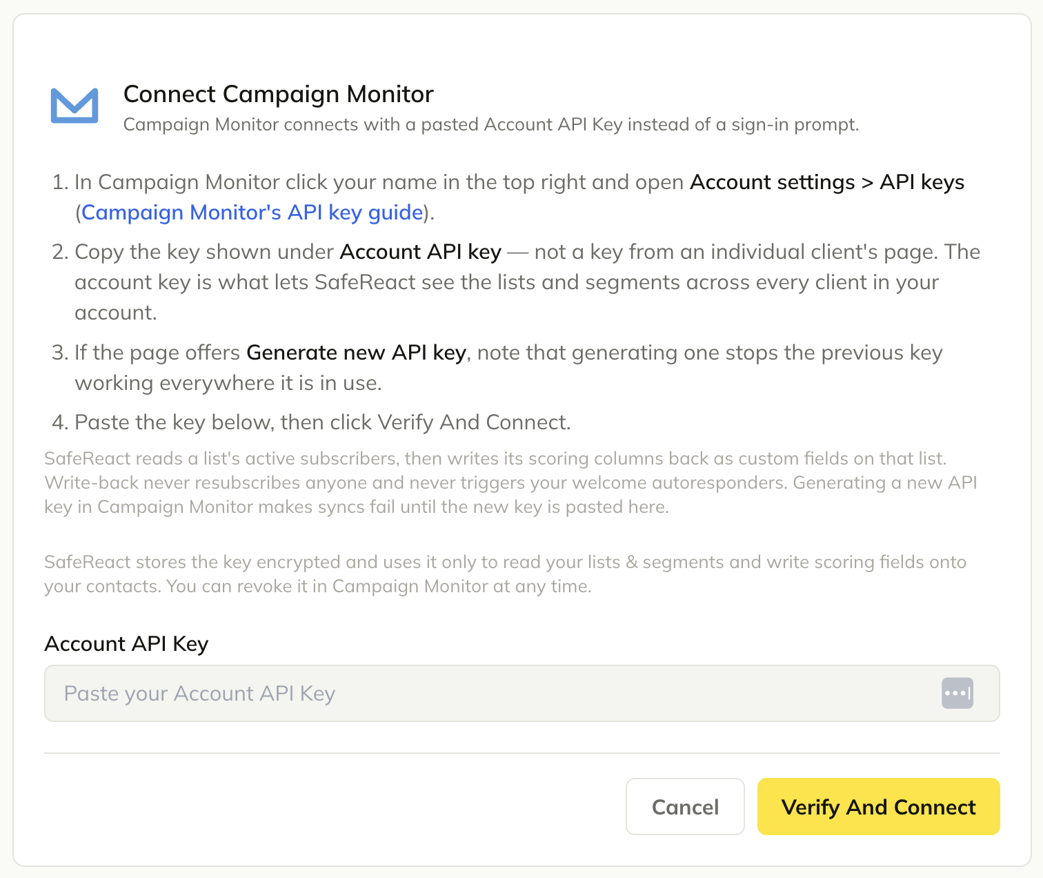Campaign Monitor connection dialog showing the Account API Key input field and Verify And Connect button.