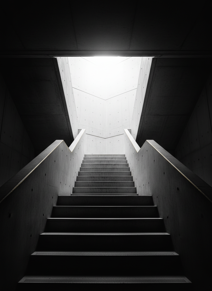 Abstract concrete stairway ascending toward bright light, symbolizing the foundation of recovery