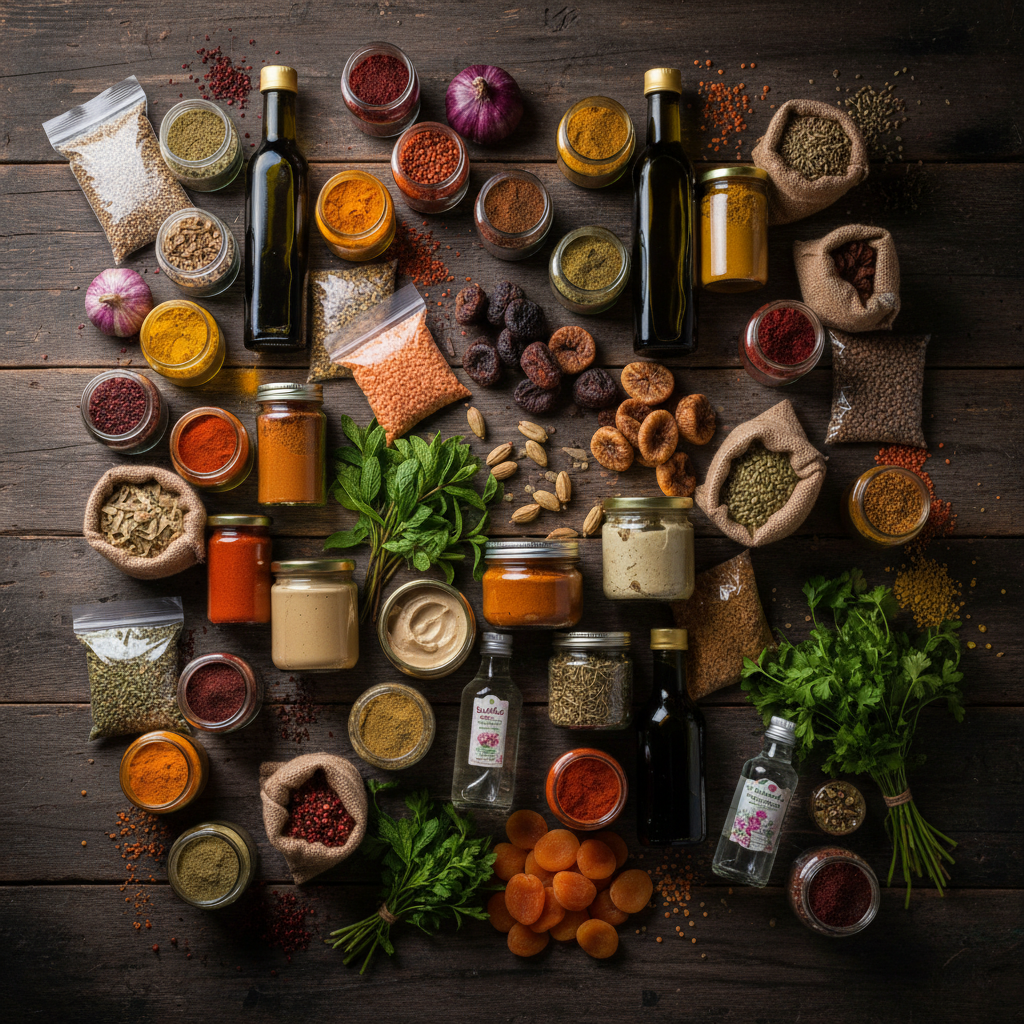 Colorful spices and grocery products