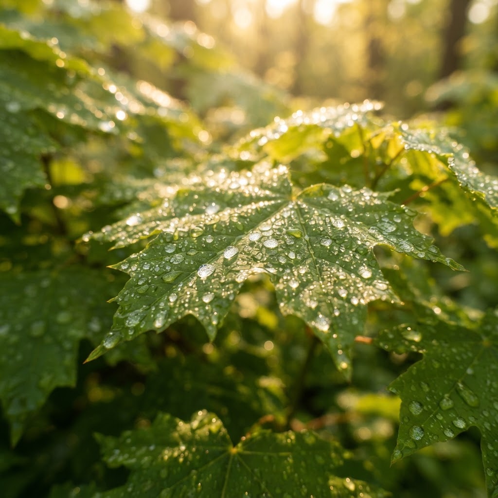 Water droplets on green leaves