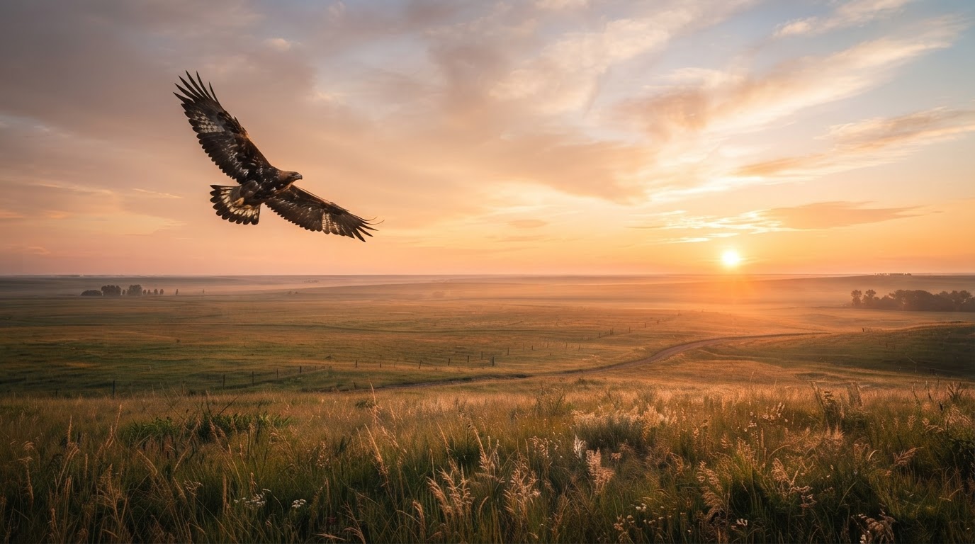 Golden eagle soaring over a Saskatchewan prairie at sunrise