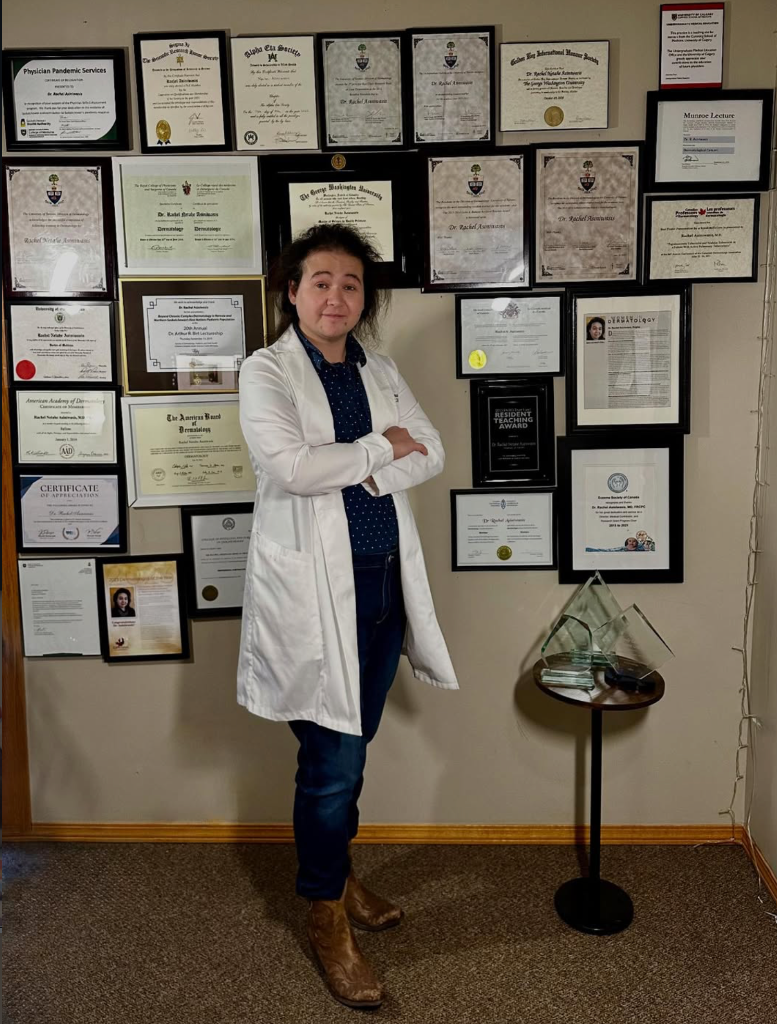 Dr. Rachel Asiniwasis with her credentials and awards