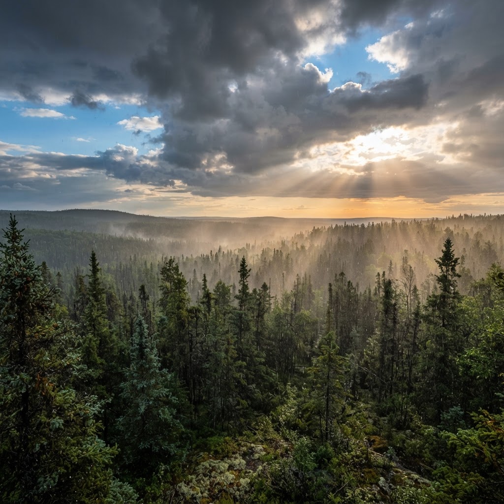 Sun shower over boreal forest